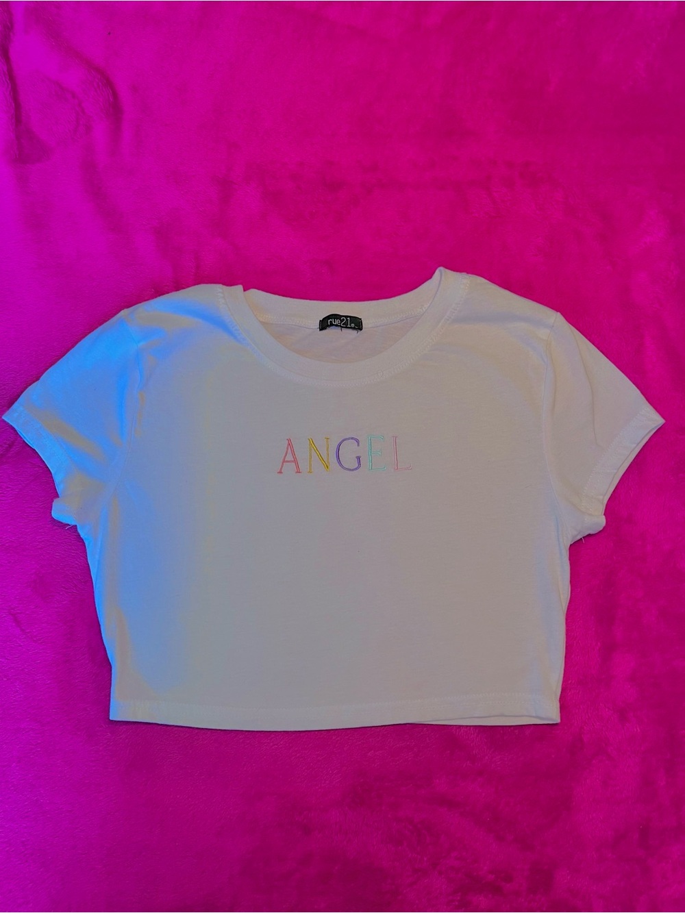 Rue21 White Cropped Tee with Pastel 'ANGEL' Graphic